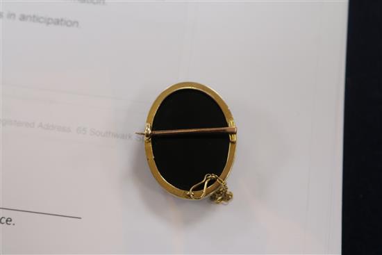 A yellow metal hardstone cameo brooch, a 10ct spinning fob, an 18ct gold and diamond ring and other items.